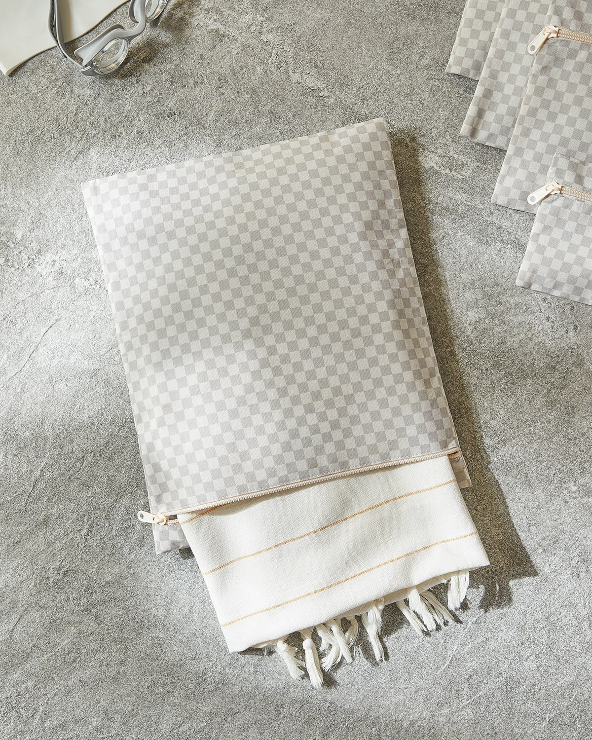 2'li Su Geçirmez Pvc Astarlı Gri Dama Desen Islak Kuru Çantası 28 x 30 / 30 x 36 cm