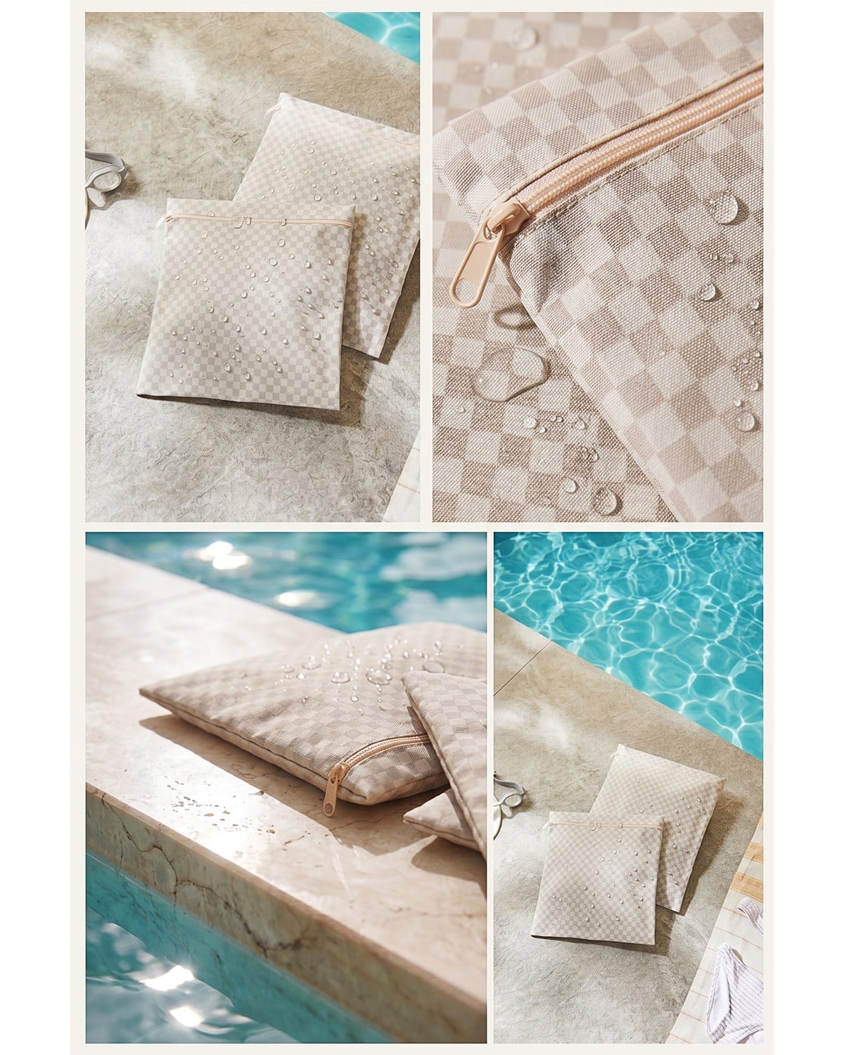 2'li Su Geçirmez Pvc Astarlı Gri Dama Desen Islak Kuru Çantası 28 x 30 / 30 x 36 cm