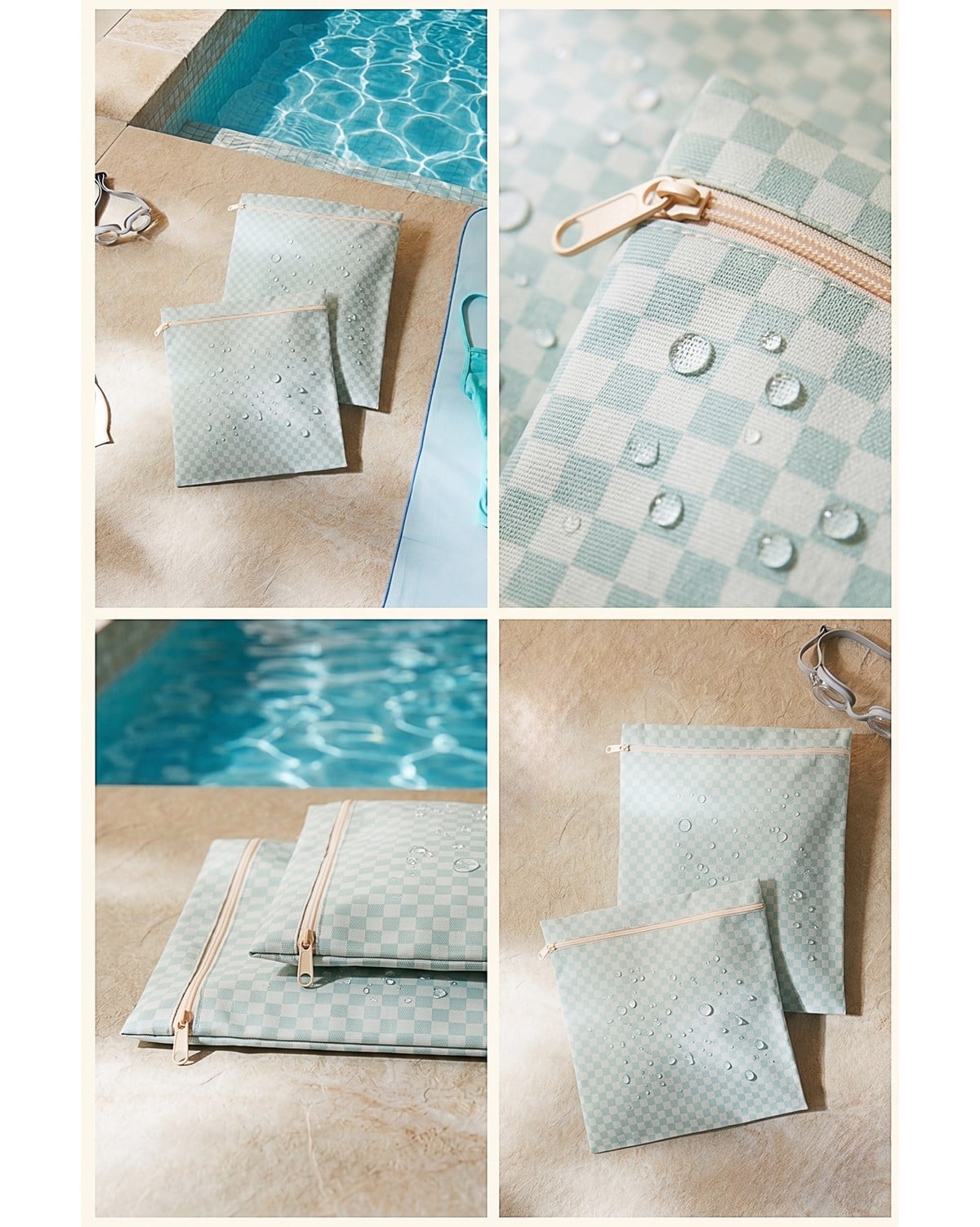 2'li Su Geçirmez Pvc Astarlı Mint Dama Desen Islak Kuru Çantası 28 x 30 / 30 x 36 cm