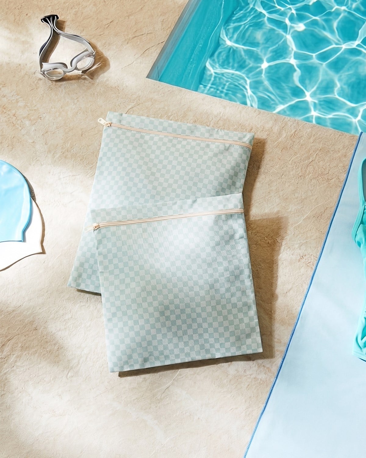 2'li Su Geçirmez Pvc Astarlı Mint Dama Desen Islak Kuru Çantası 28 x 30 / 30 x 36 cm