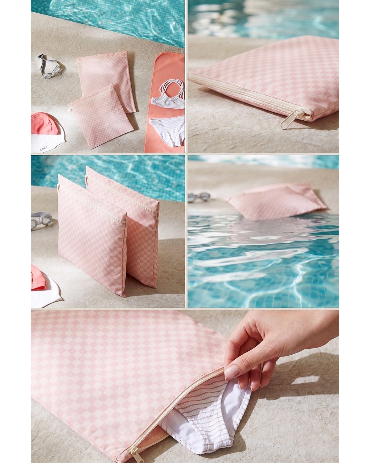 2'li Su Geçirmez Pvc Astarlı Pembe Dama Desen Islak Kuru Çantası 28 x 30 / 30 x 36 cm