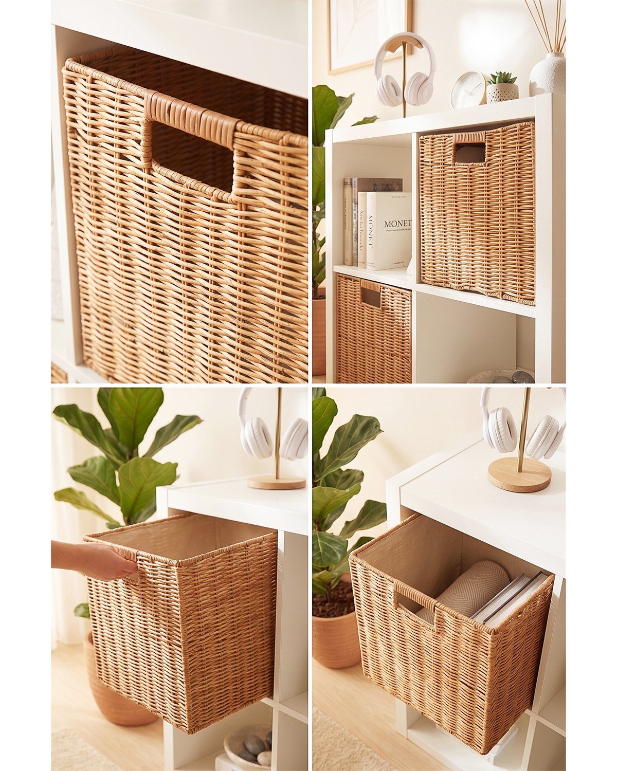 2'li Yıkanabilir Bej PP Rattan Sepet Set 33 x 33 x 33 cm