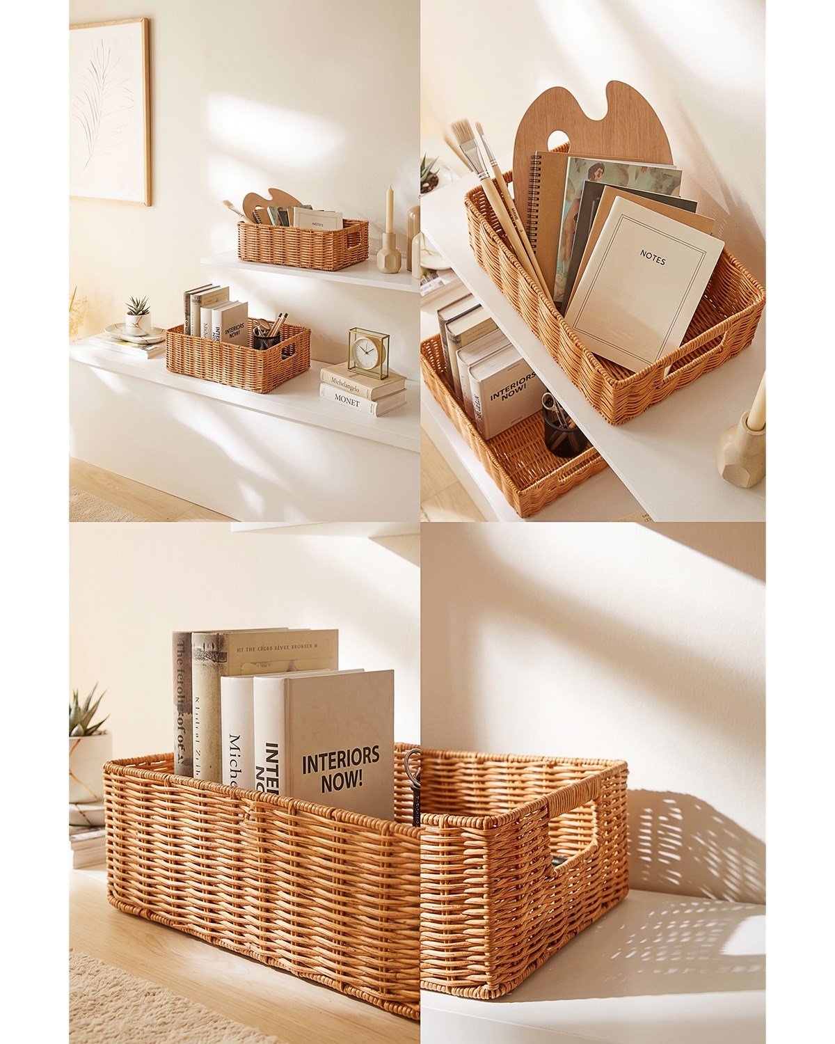 2'li Yıkanabilir Bej PP Rattan Sepet Set 33 x 23 x 11 / 39 x 29 x 13 cm