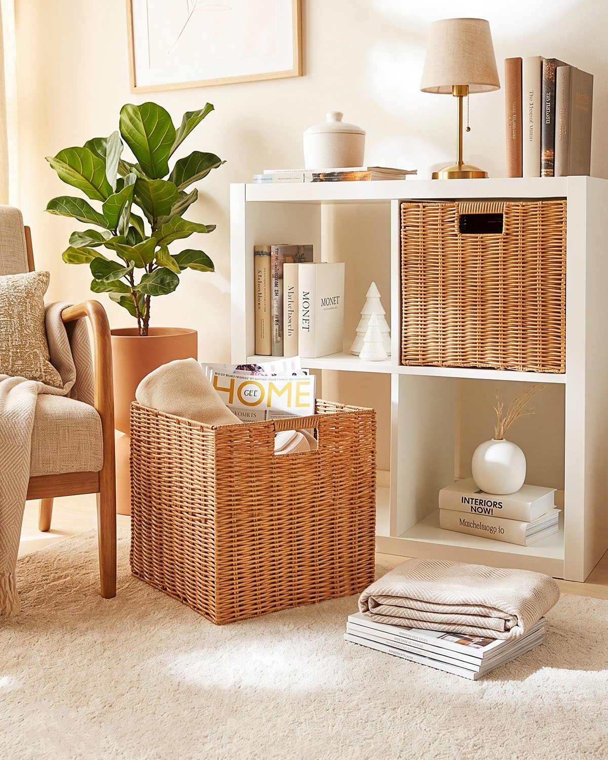 2'li Yıkanabilir Bej PP Rattan Sepet Set 33 x 33 x 33 cm