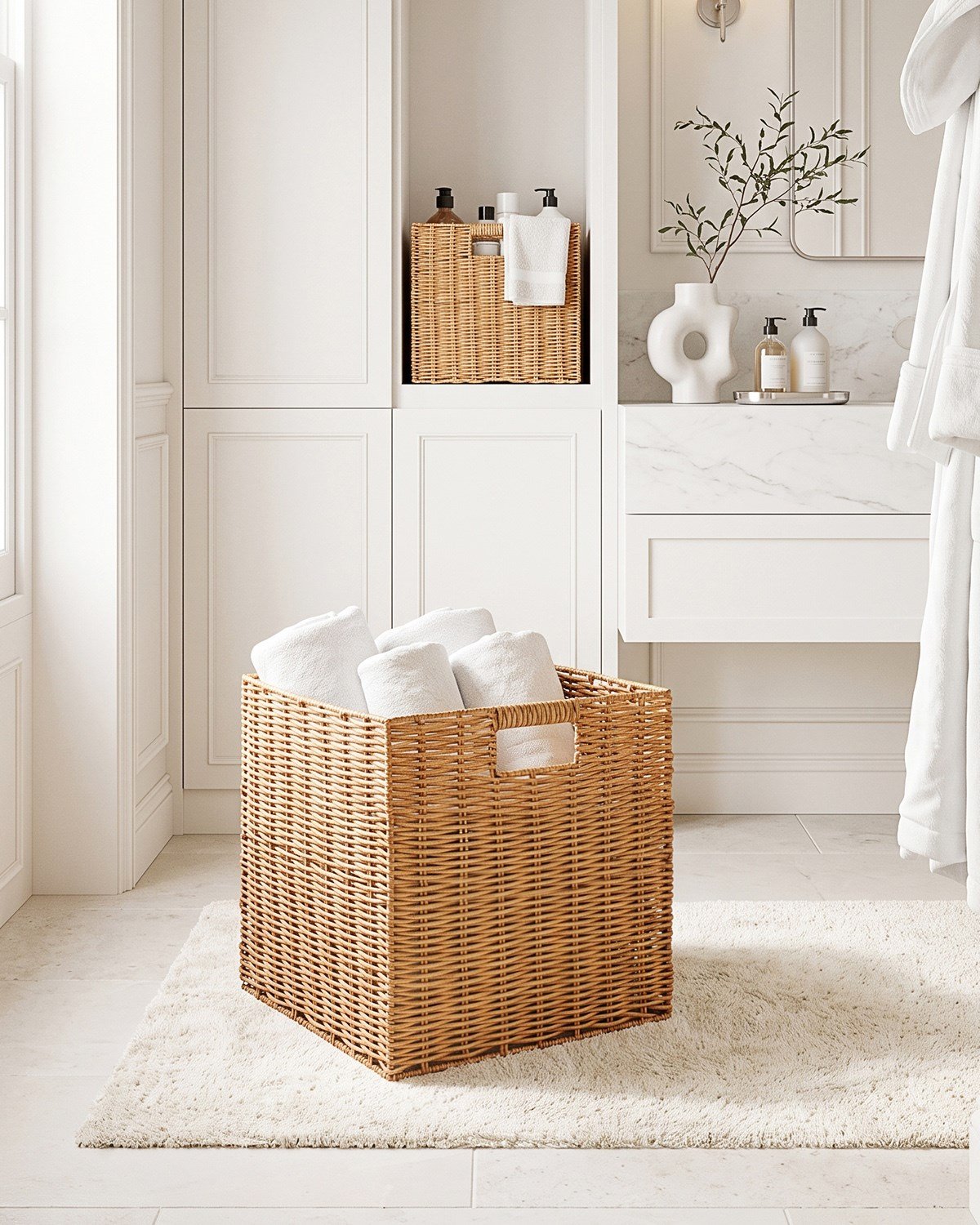 2'li Yıkanabilir Bej PP Rattan Sepet Set 33 x 33 x 33 cm