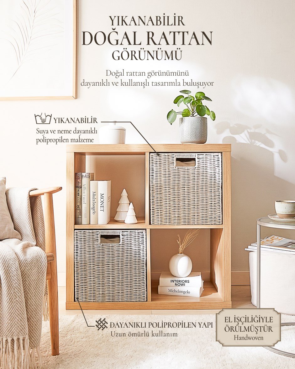 2'li Yıkanabilir Gri PP Rattan Sepet Set 33 x 33 x 33 cm
