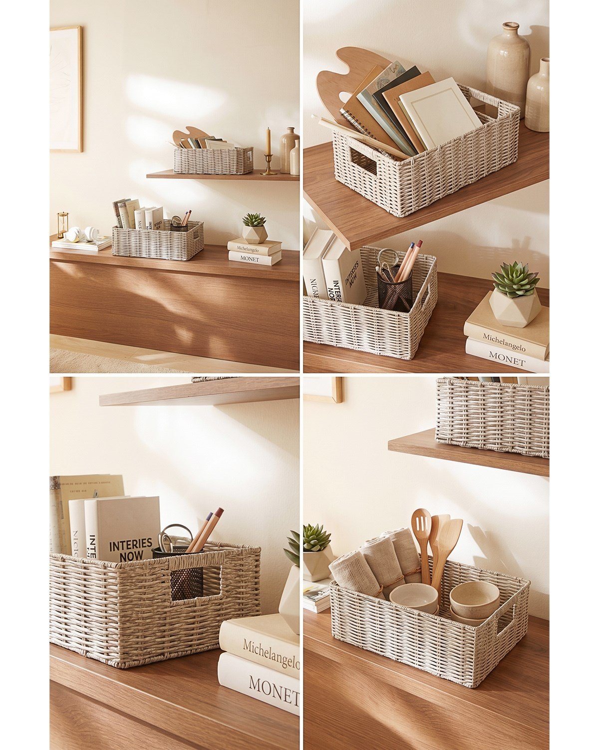 2'li Yıkanabilir Gri PP Rattan Sepet Set 33 x 23 x 11 / 39 x 29 x 13 cm