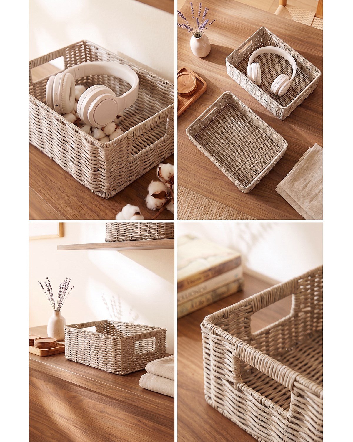 2'li Yıkanabilir Gri PP Rattan Sepet Set 30 x 20 x 11 / 36 x 26 x 12 cm