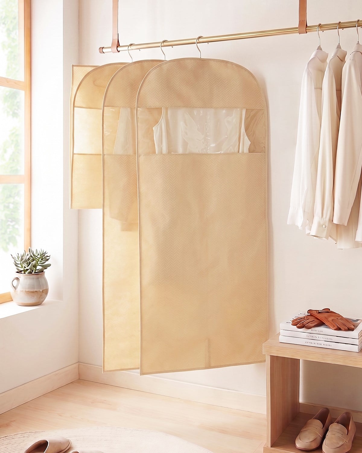 3'lü Bej Balıksırtı Elbise Kılıfı Set 60 x 135 cm