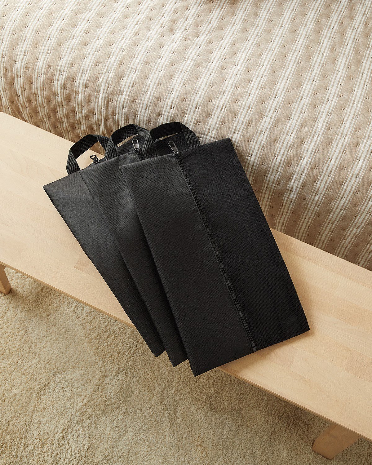 3'lü Siyah Renk Fileli Oxford Kumaş Ayakkabı Düzenleyici Taşıma Çantası Seti 22 x 40 x 9 cm