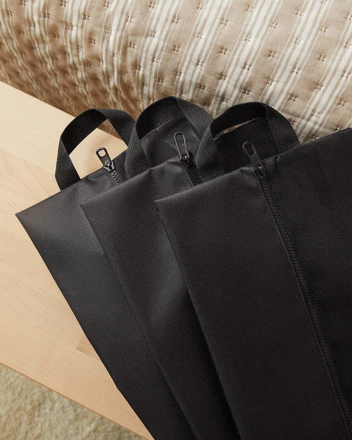 3'lü Siyah Renk Fileli Oxford Kumaş Ayakkabı Düzenleyici Taşıma Çantası Seti 22 x 40 x 9 cm
