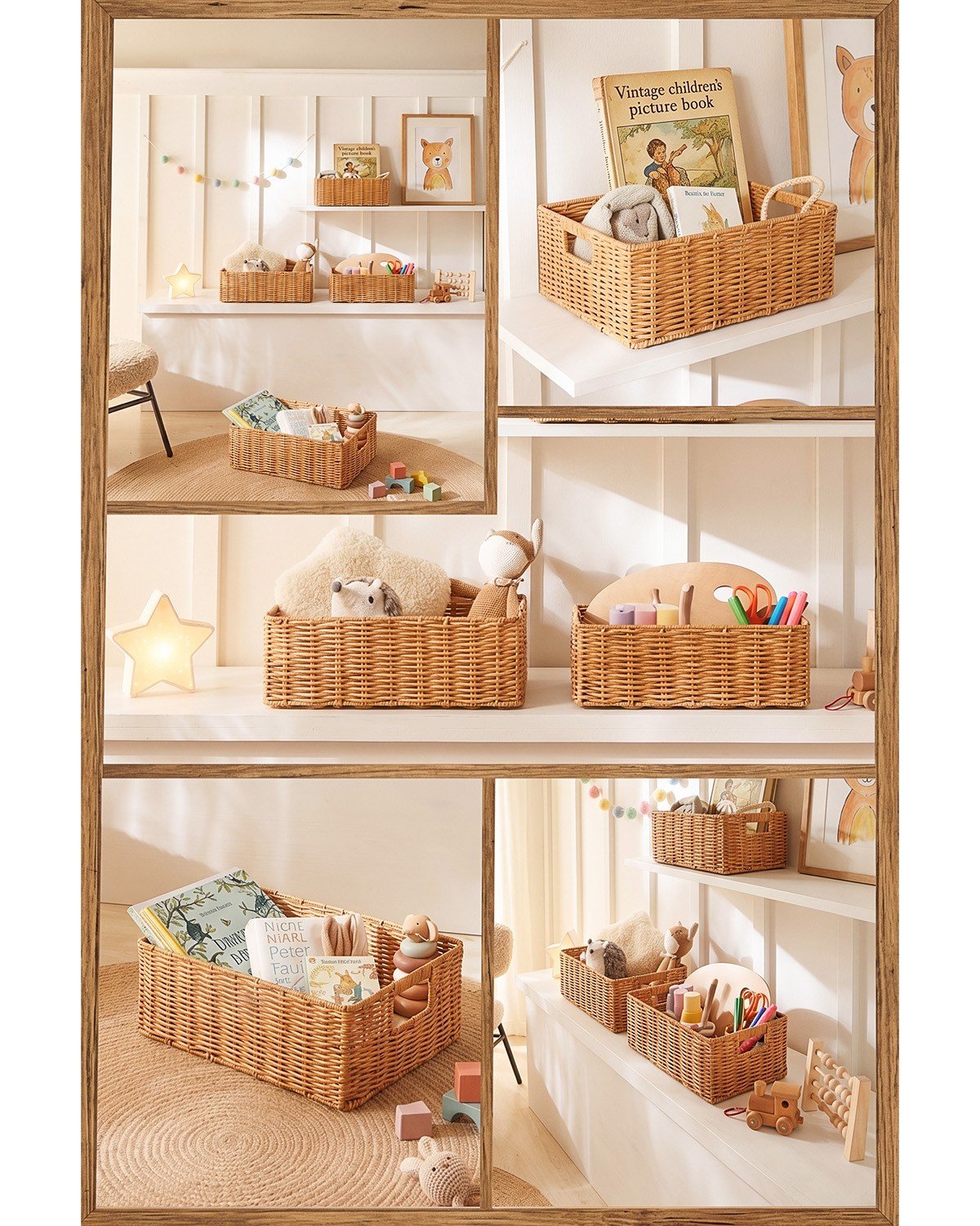4'lü Çocuk Odası Yıkanabilir Bej PP Rattan Sepet Set 30 x 20 x 11 / 33 x 23 x 11 / 36 x 26 x 12  / 39 x 29 x 13 cm
