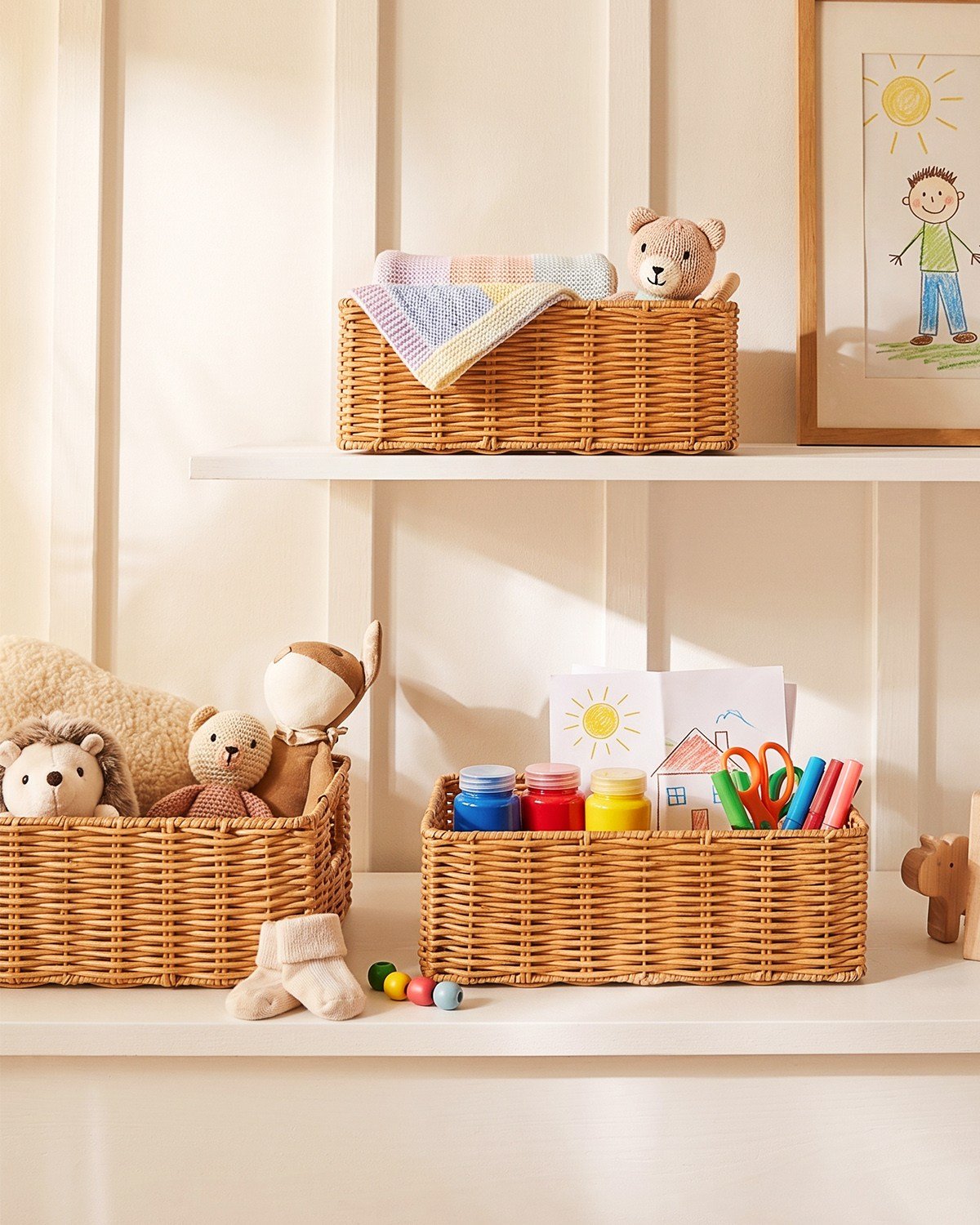 4'lü Çocuk Odası Yıkanabilir Bej PP Rattan Sepet Set 30 x 20 x 11 / 33 x 23 x 11 / 36 x 26 x 12  / 39 x 29 x 13 cm