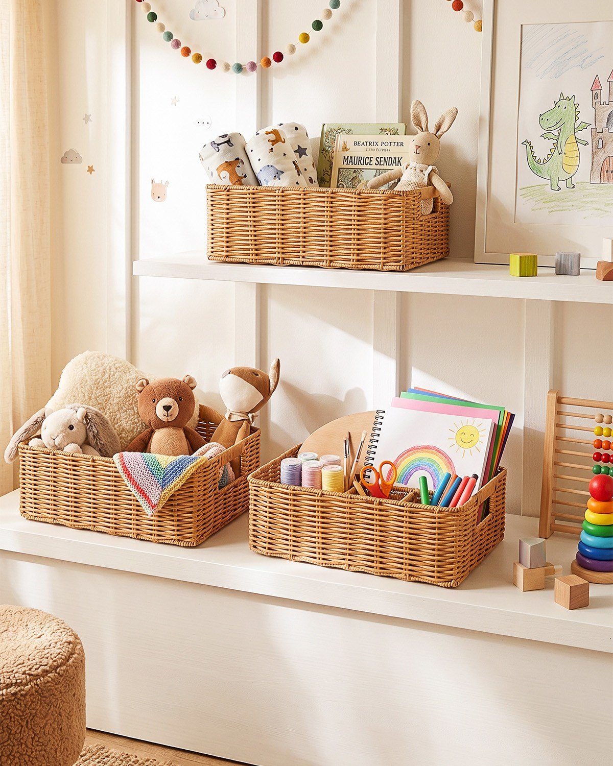 4'lü Çocuk Odası Yıkanabilir Bej PP Rattan Sepet Set 30 x 20 x 11 / 33 x 23 x 11 / 36 x 26 x 12  / 39 x 29 x 13 cm