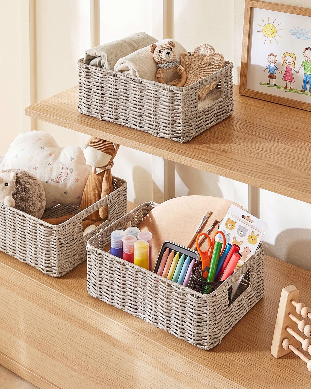 4'lü Çocuk Odası Yıkanabilir Gri PP Rattan Sepet Set 30 x 20 x 11 / 33 x 23 x 11 / 36 x 26 x 12  / 39 x 29 x 13 cm