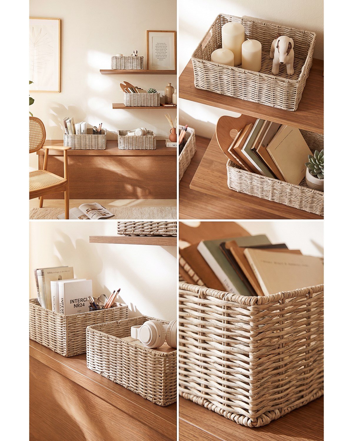 4'lü Yıkanabilir Gri PP Rattan Sepet Set 30 x 20 x 11 / 33 x 23 x 11 / 36 x 26 x 12  / 39 x 29 x 13 cm