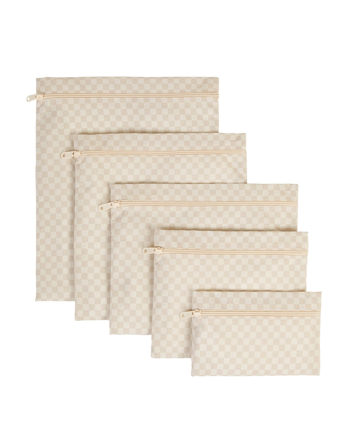5'li Su Geçirmez Pvc Astarlı Bej Dama Desen Islak Kuru Çanta Seti 20 x 13 / 24 x 20 / 30 x 24 / 28 x 30 / 30 x 36 cm