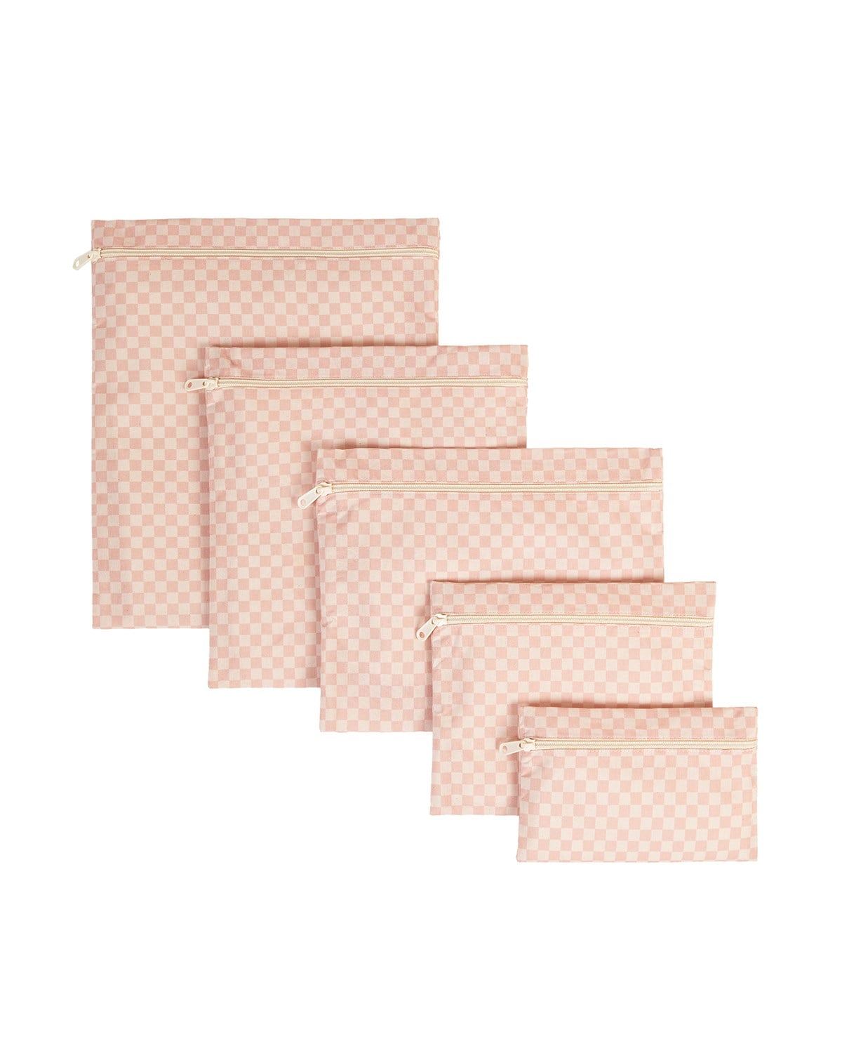 5'li Su Geçirmez Pvc Astarlı Pembe Dama Desen Islak Kuru Çanta Seti 20 x 13 / 24 x 20 / 30 x 24 / 28 x 30 / 30 x 36 cm