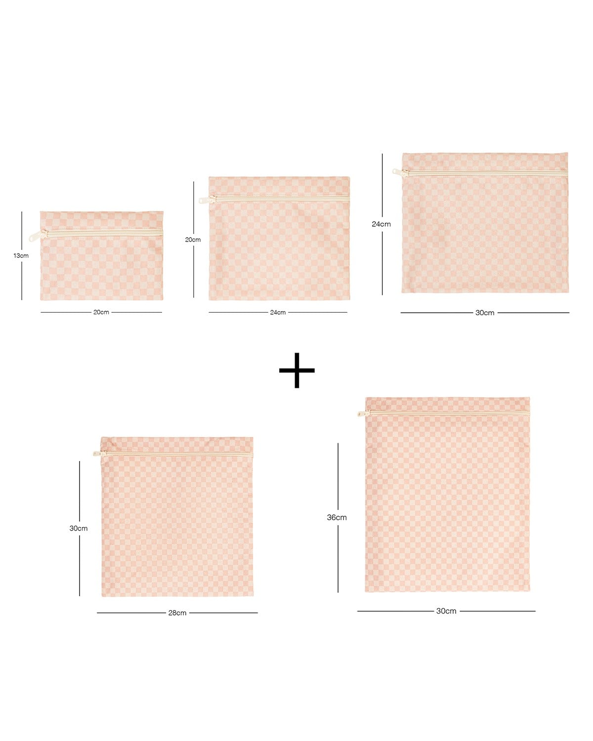 5'li Su Geçirmez Pvc Astarlı Pembe Dama Desen Islak Kuru Çanta Seti 20 x 13 / 24 x 20 / 30 x 24 / 28 x 30 / 30 x 36 cm