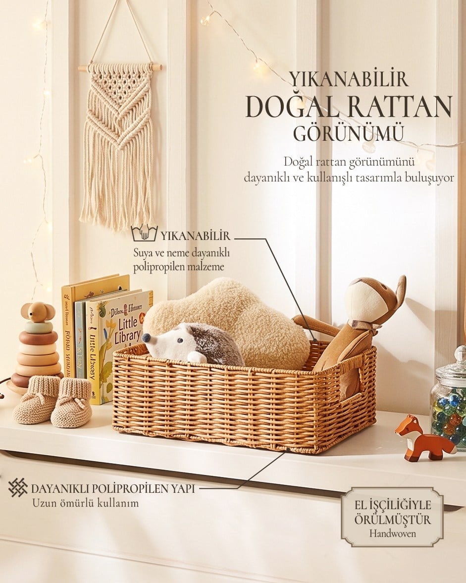 Çocuk Odası Yıkanabilir Bej PP Rattan Sepet 36 x 26 x 12 cm