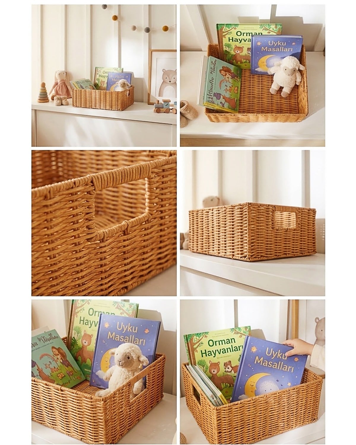 Çocuk Odası Yıkanabilir Bej PP Rattan Sepet 39 x 29 x 13 cm