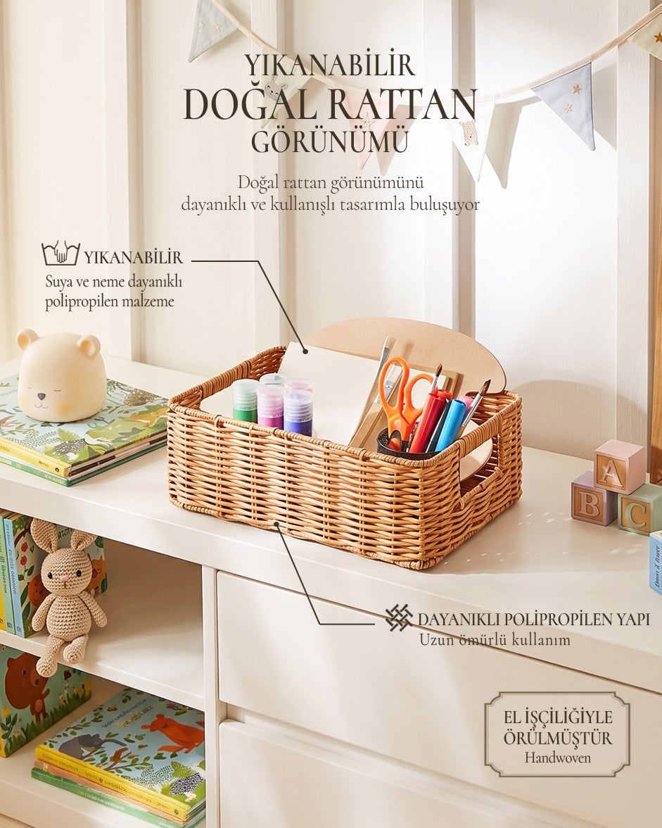 Çocuk Odası Yıkanabilir Bej PP Rattan Sepet 33 x 23 x 11 cm