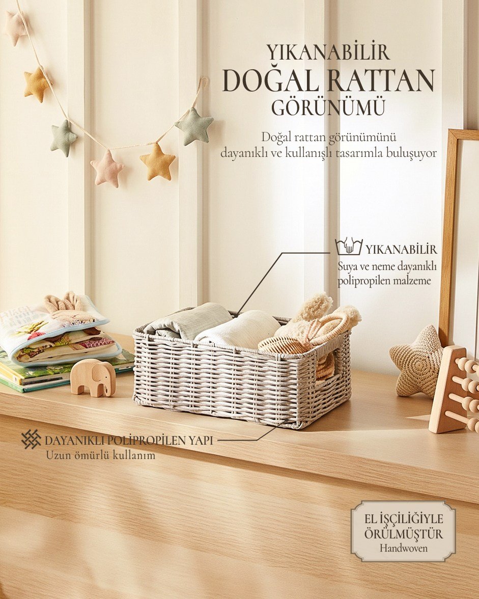 Çocuk Odası Yıkanabilir Gri PP Rattan Sepet 30 x 20 x 11 cm