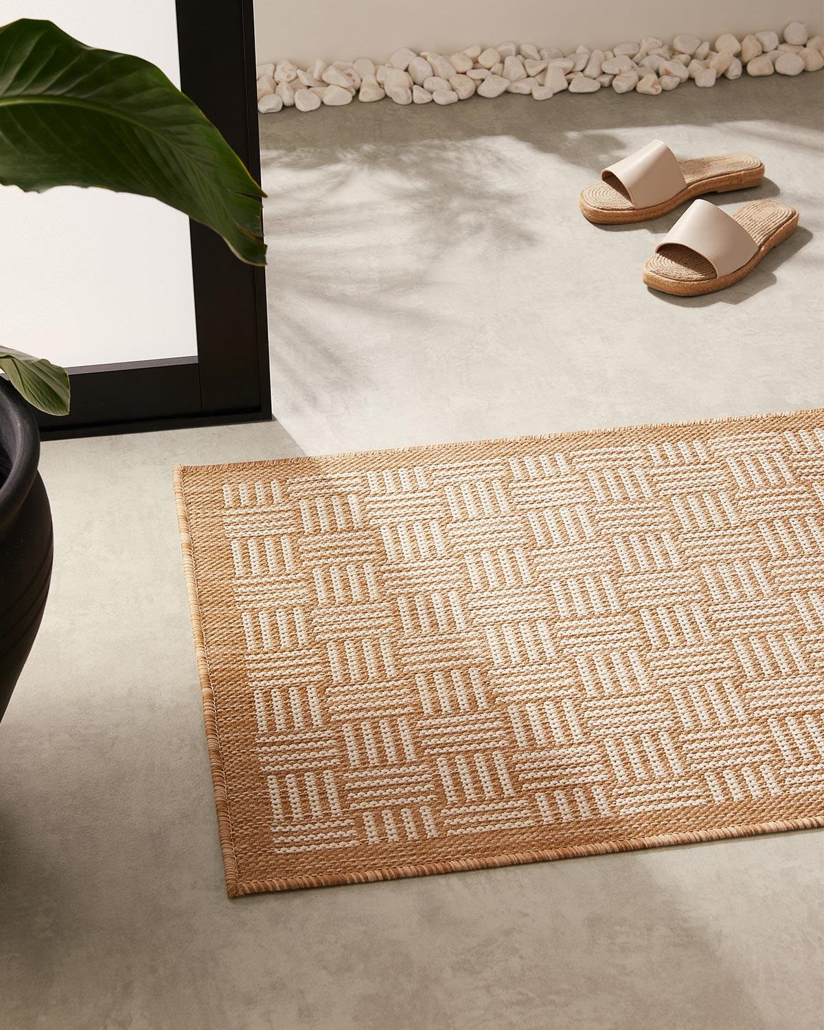 Leke Tutmaz İç Dış Mekan Bej Renk Hasır Desenli Paspas 60 x 90 cm