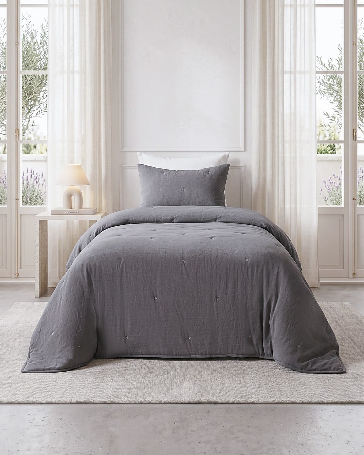 Nakışlı Antrasit Tek Kişilik Yatak Örtüsü Seti 1 Adet 180 x 230 / 1 Adet 50 x 70 cm