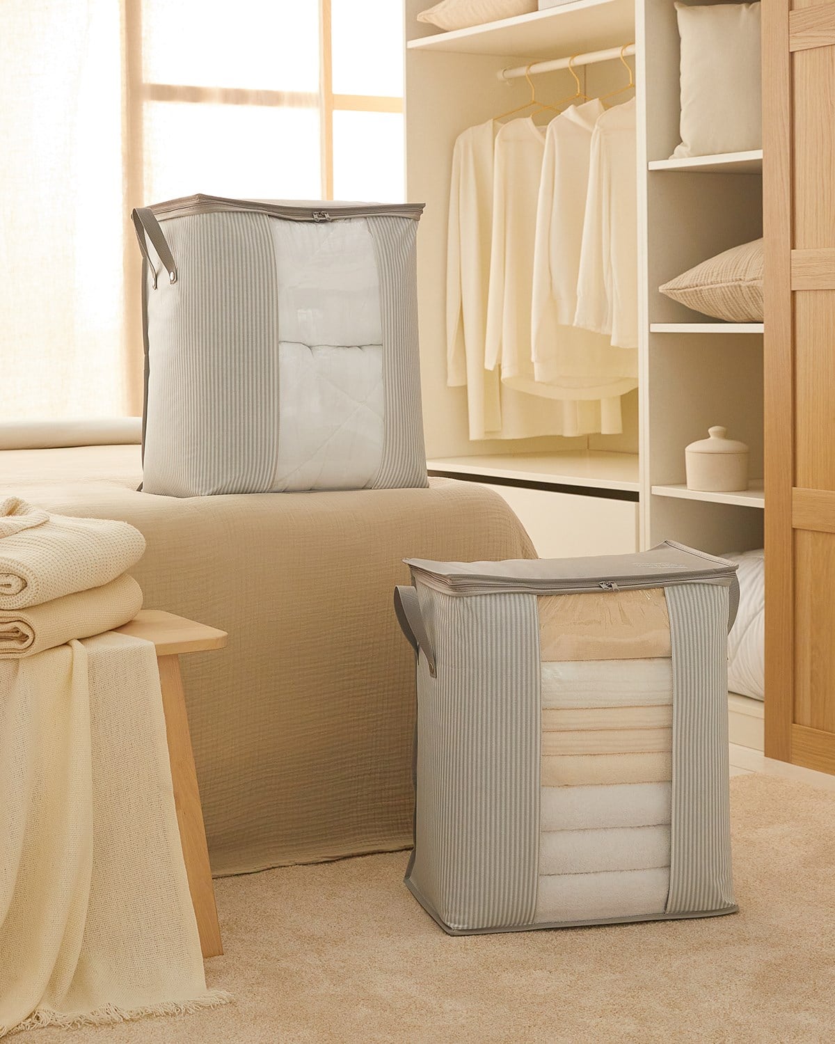 Ocean Home 2'li Pvc Pencereli Stuff&Things Gri Çizgili Hurç // 45x30x50