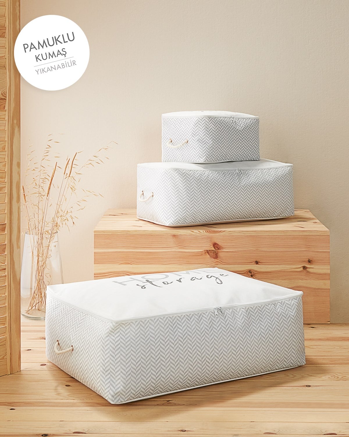 Ocean Home 3'lü Gri Desenli Kumaş Hurç Set 30x22x18+52x28x21+62x46x22