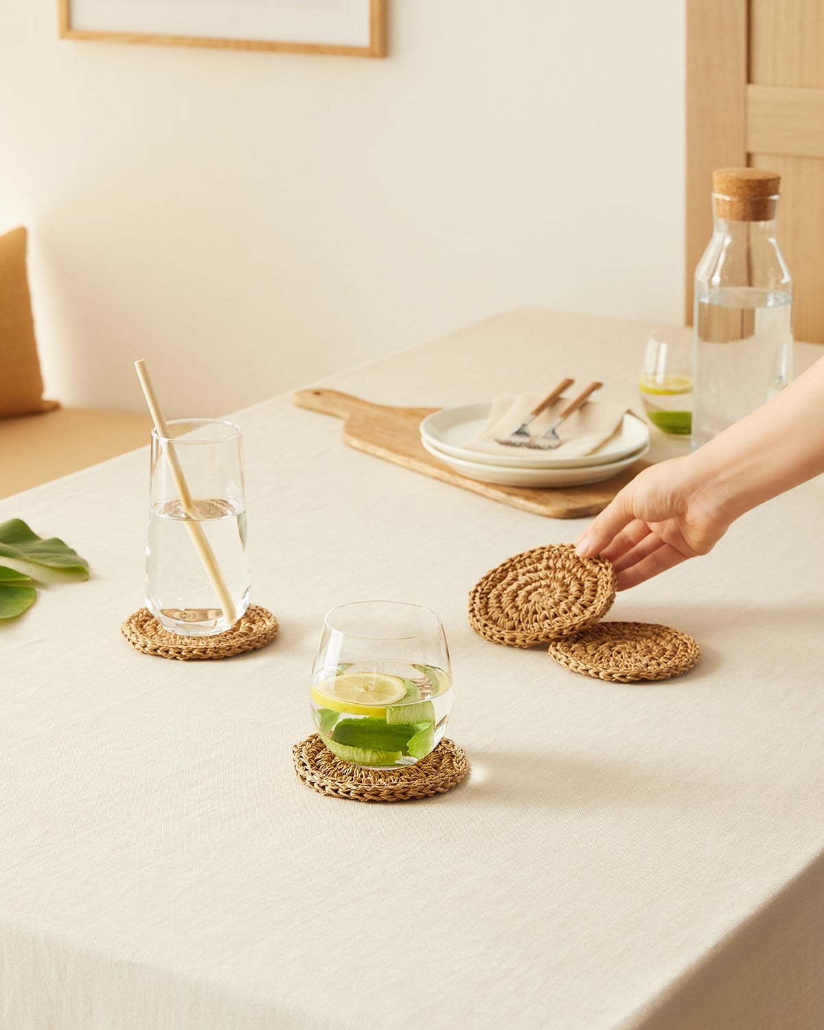Ocean Home 4'lü Bej Rafya Bardak Altlığı