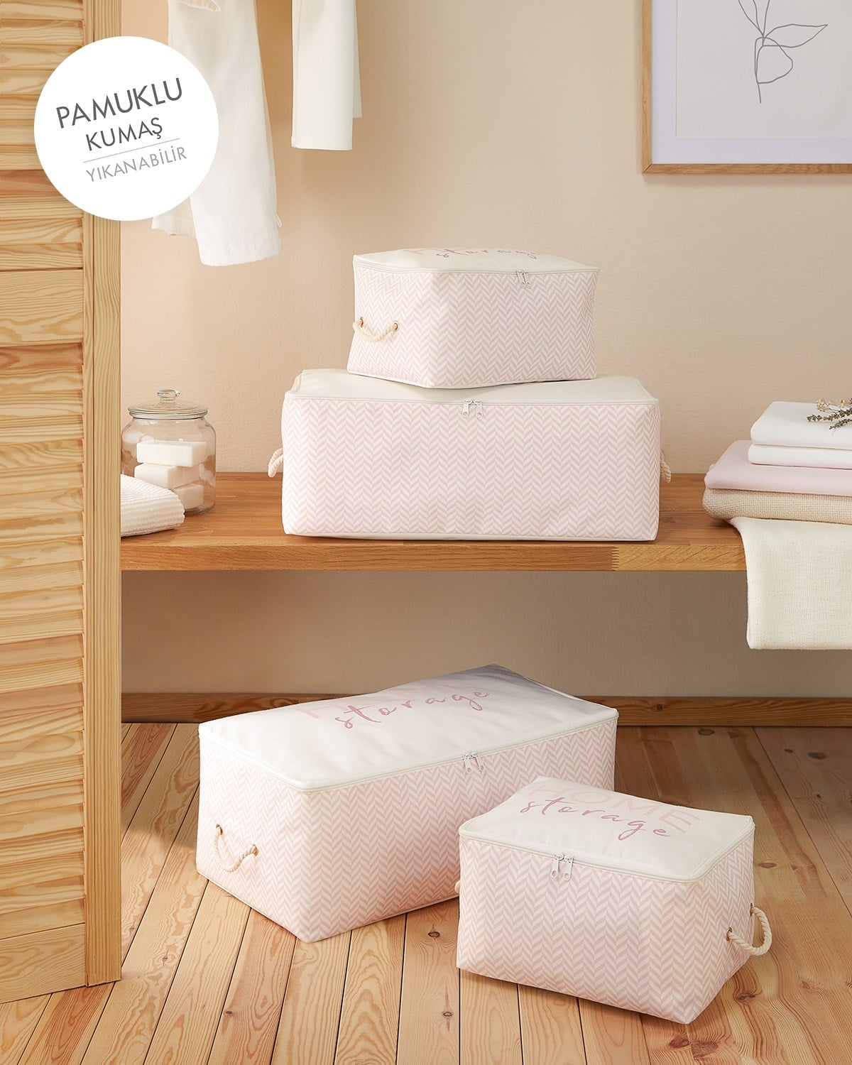 Ocean Home 4'lü Pembe Desenli Kumaş Hurç Set