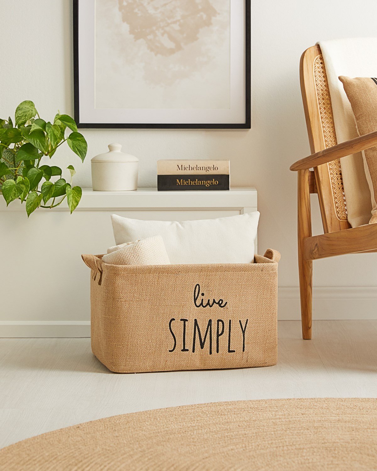 Ocean Home Baskılı Jüt Dikdörtgen Sepet //42x31X25