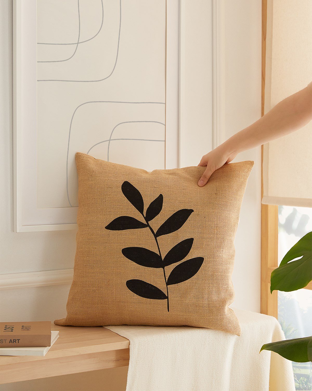 Ocean Home Blok Yaprak Baskılı Naturel Jüt Kırlent Kılıfı // 50x50