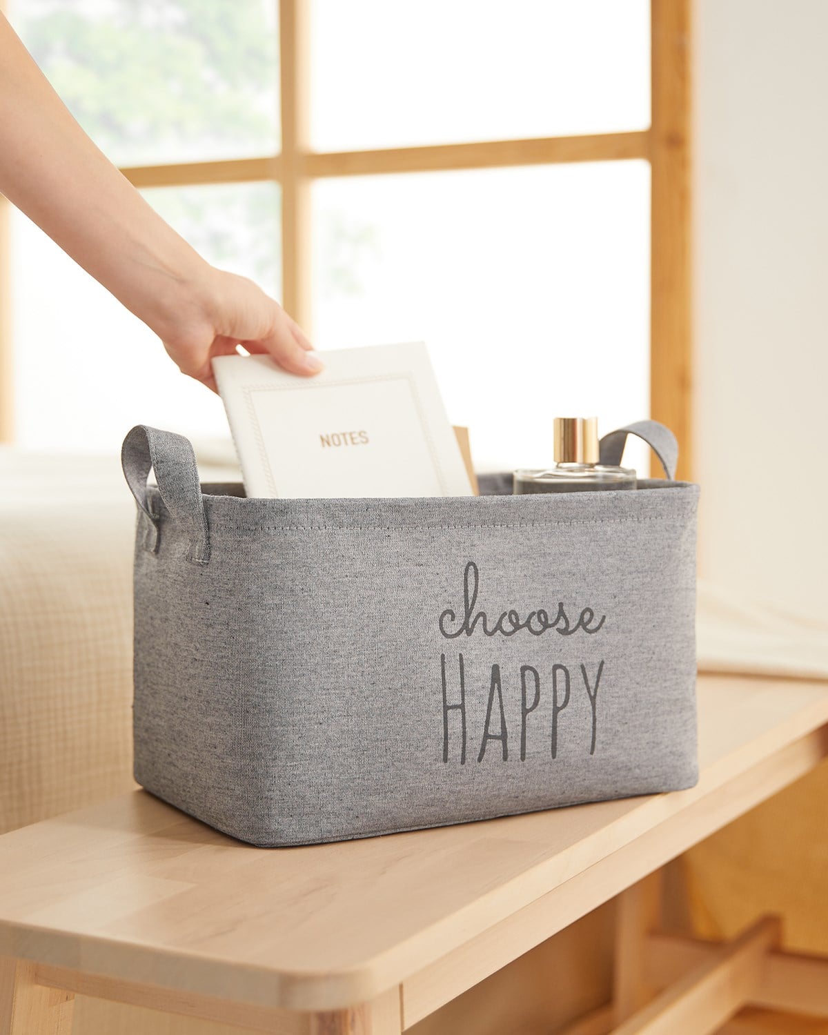 Ocean Home Choose Happy Baskılı Gri Sepet //30x21x18
