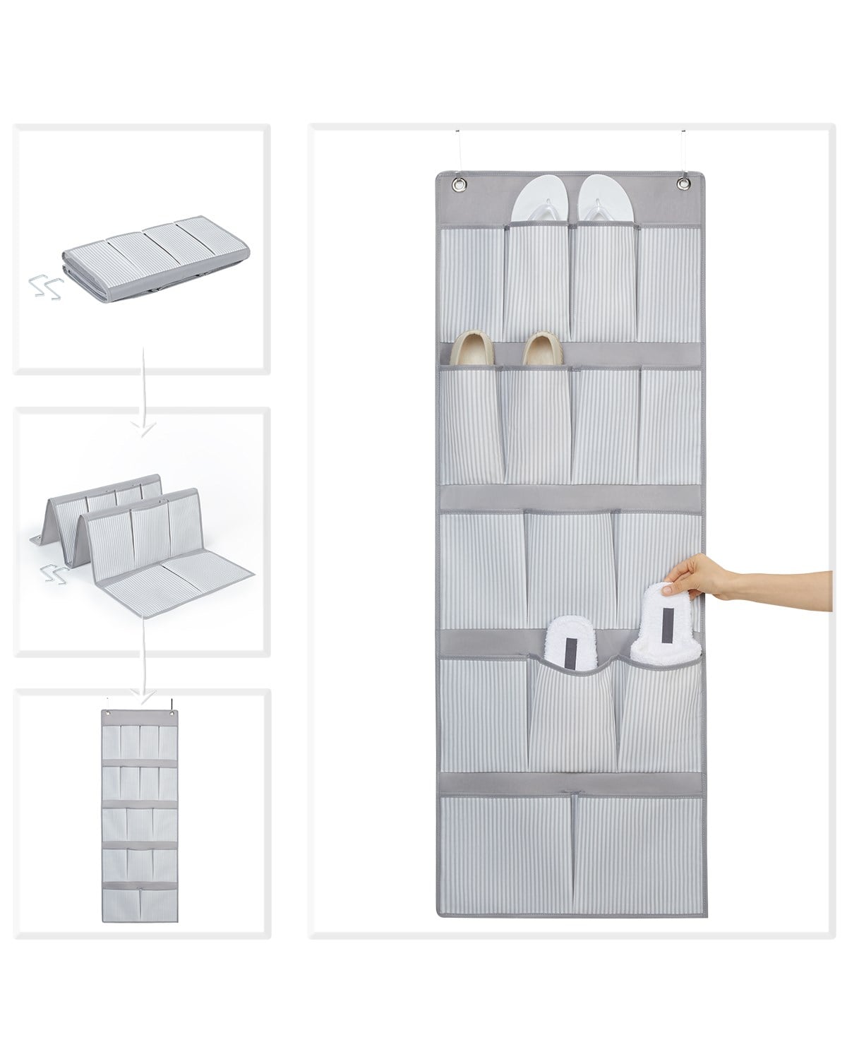OCEAN HOME Gri Çizgili 16 Gözlü Kapı Arkası Organizer