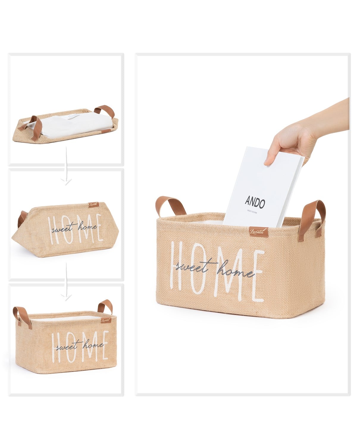 OCEAN HOME Lanata Home Sweet Home Baskılı Dikdörtgen Jüt Sepet //30x21x18
