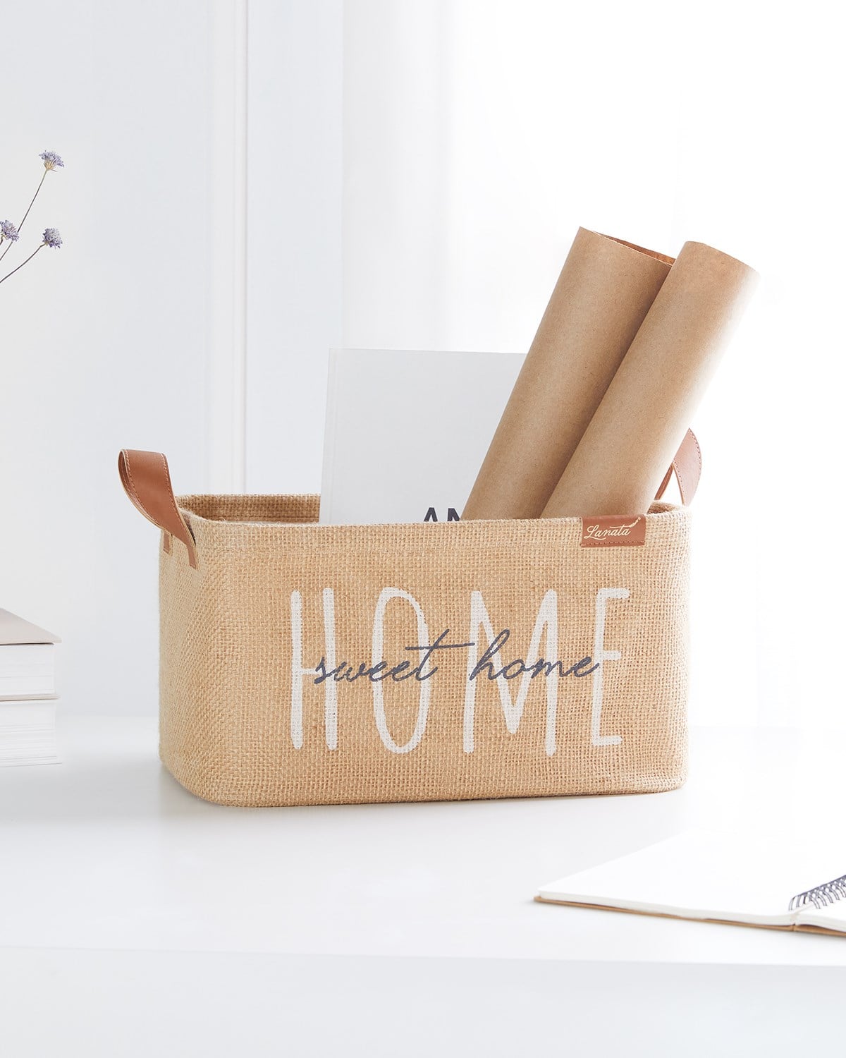 OCEAN HOME Lanata Home Sweet Home Baskılı Dikdörtgen Jüt Sepet //30x21x18