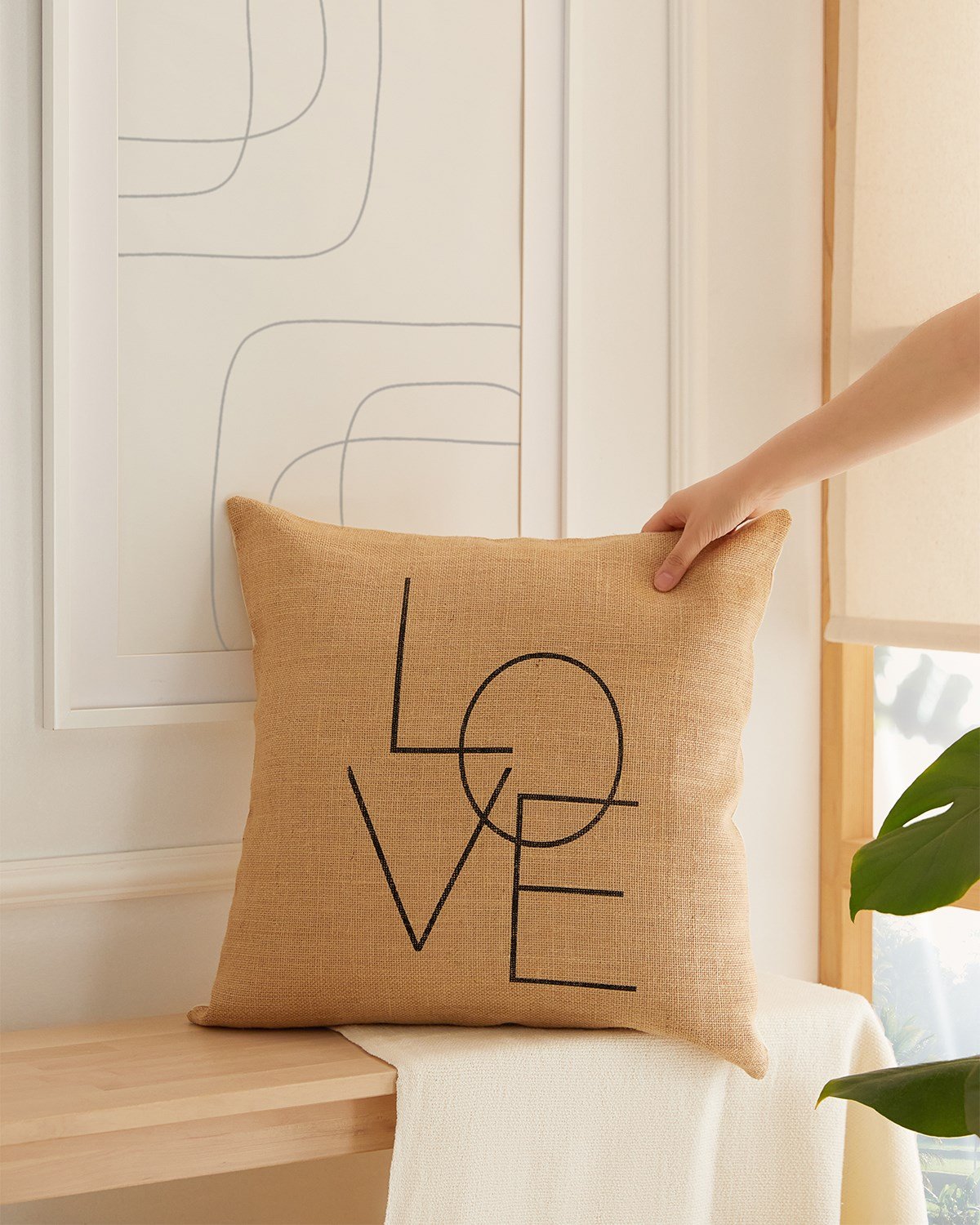 Ocean Home Love Baskılı Naturel Jüt Kırlent Kılıfı // 50x50