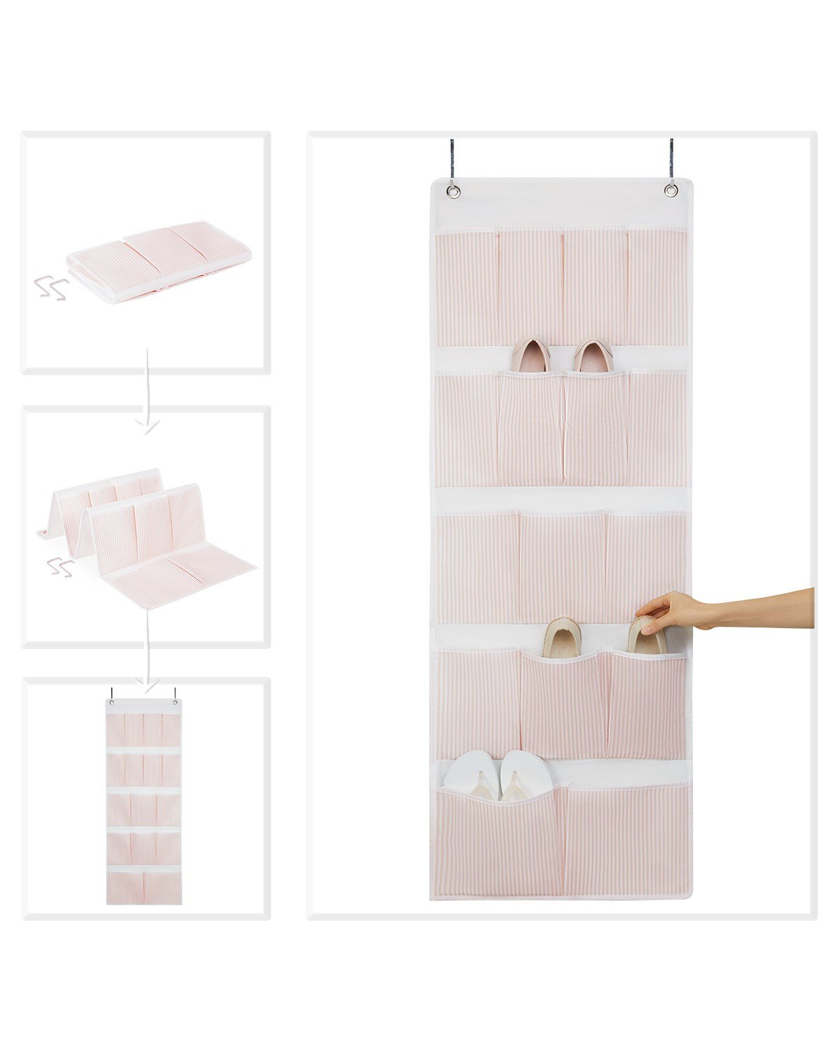 OCEAN HOME Pembe Çizgili 16 Gözlü Kapı Arkası Organizer