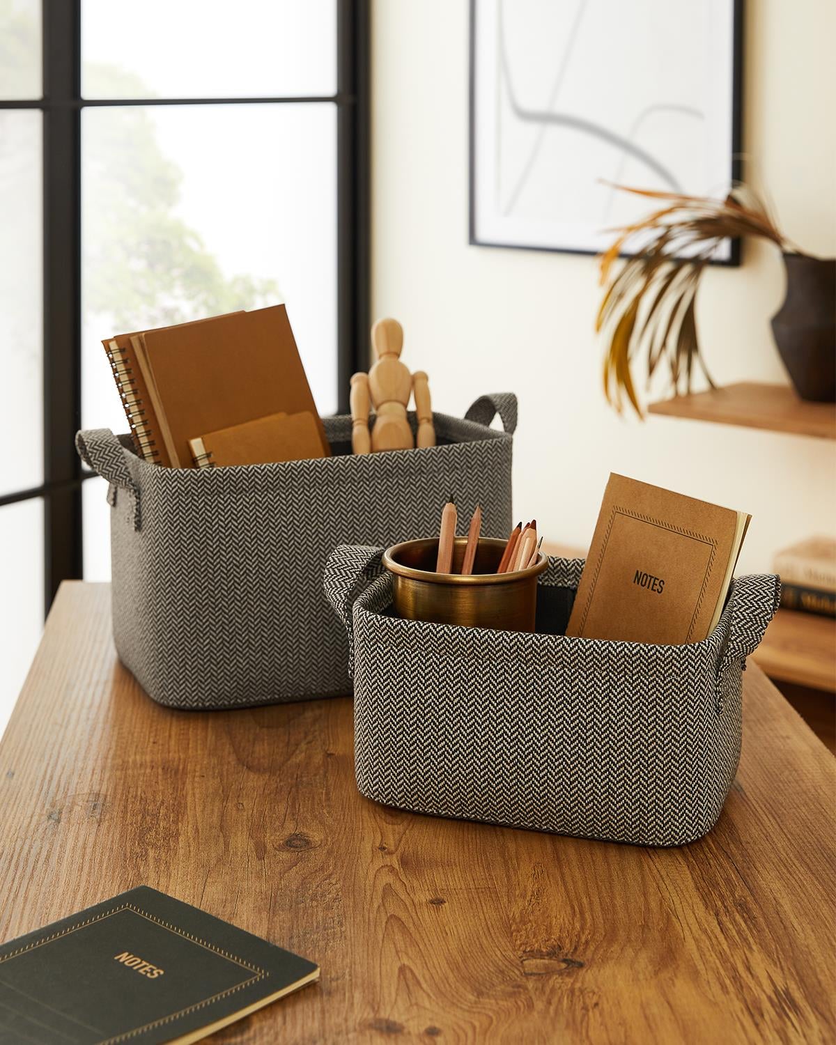 Ocean Home Textile 2'li Antrasit Renk Dokulu Kumaş Sepet Set 24 x 17 x 12 / 30 x 21 x 18 cm