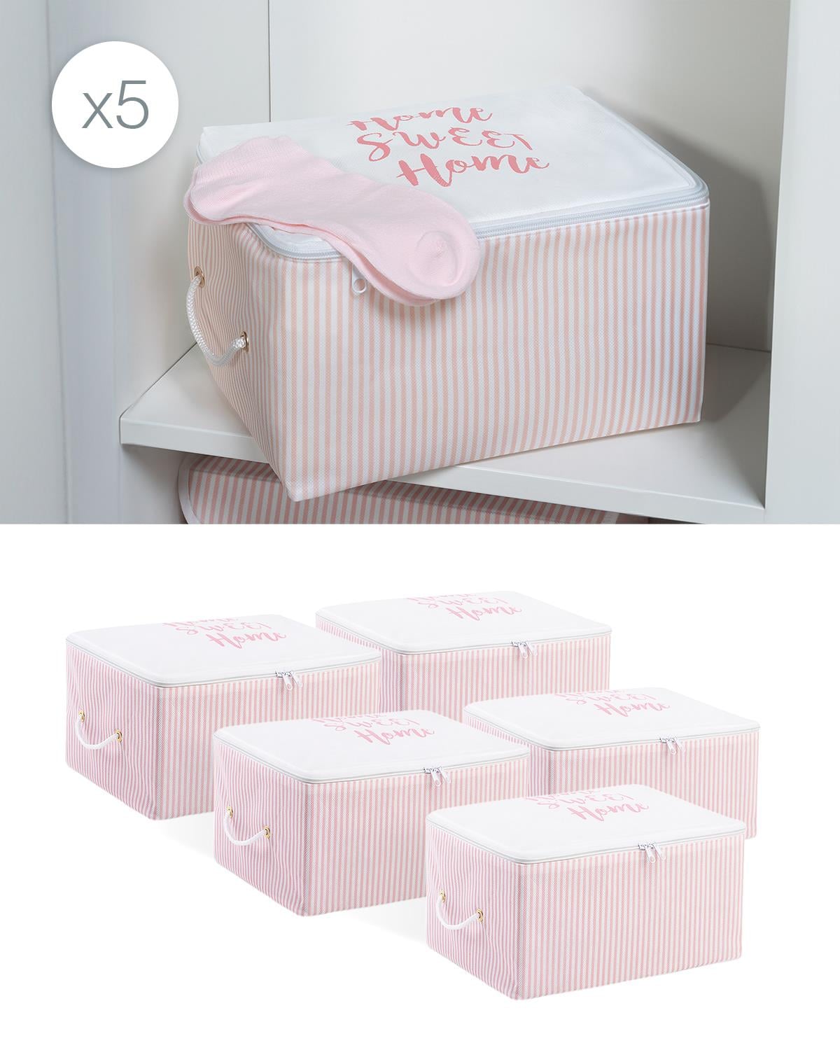 Ocean Home Textile 5'li Küçük Boy Pembe Çizgili Home Sweet Home Hurç Set 30 x 22 x 18 cm