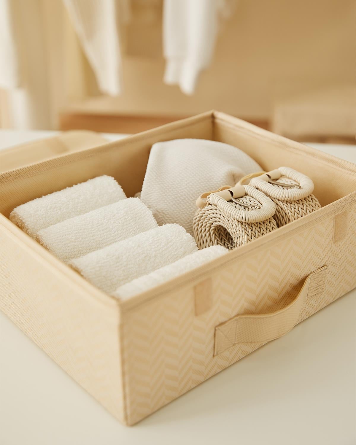 Ocean Home Textile Bej Balıksırtı Kapaklı Kutu 30 x 23 x 11 cm