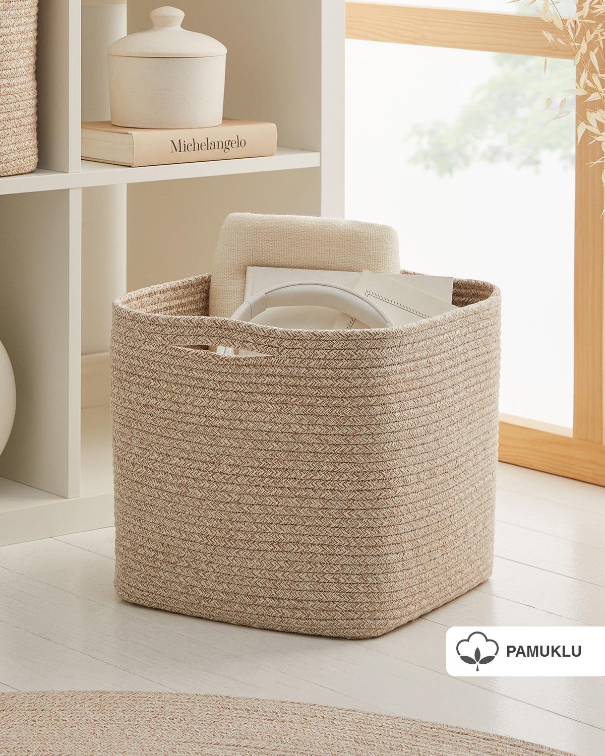 Ocean Home Textile Bej Kırçıllı Pamuklu Sepet 30 x 30 x 30 cm