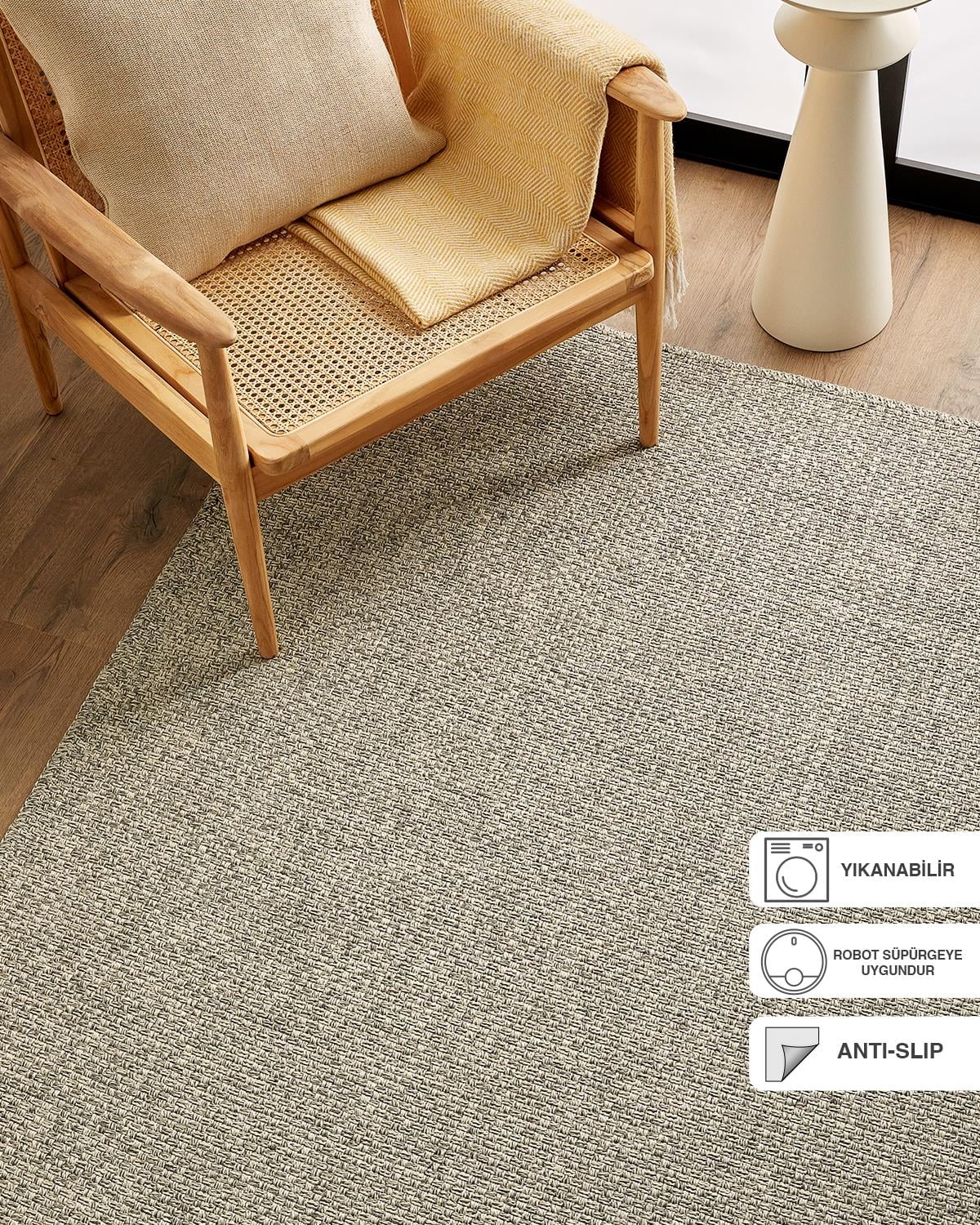 Ocean Home Textile Yıkanabilir Jüt Görünümlü Gri Renk Hasır Desenli Halı Kilim 120 x 180 cm