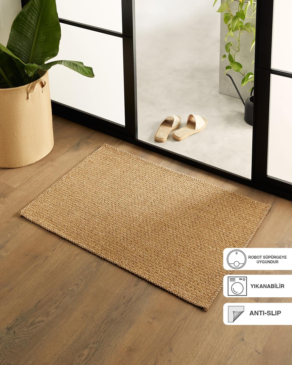 Ocean Home Textile Yıkanabilir Jüt Görünümlü Naturel Renk Hasır Desenli Paspas 60 x 90 cm