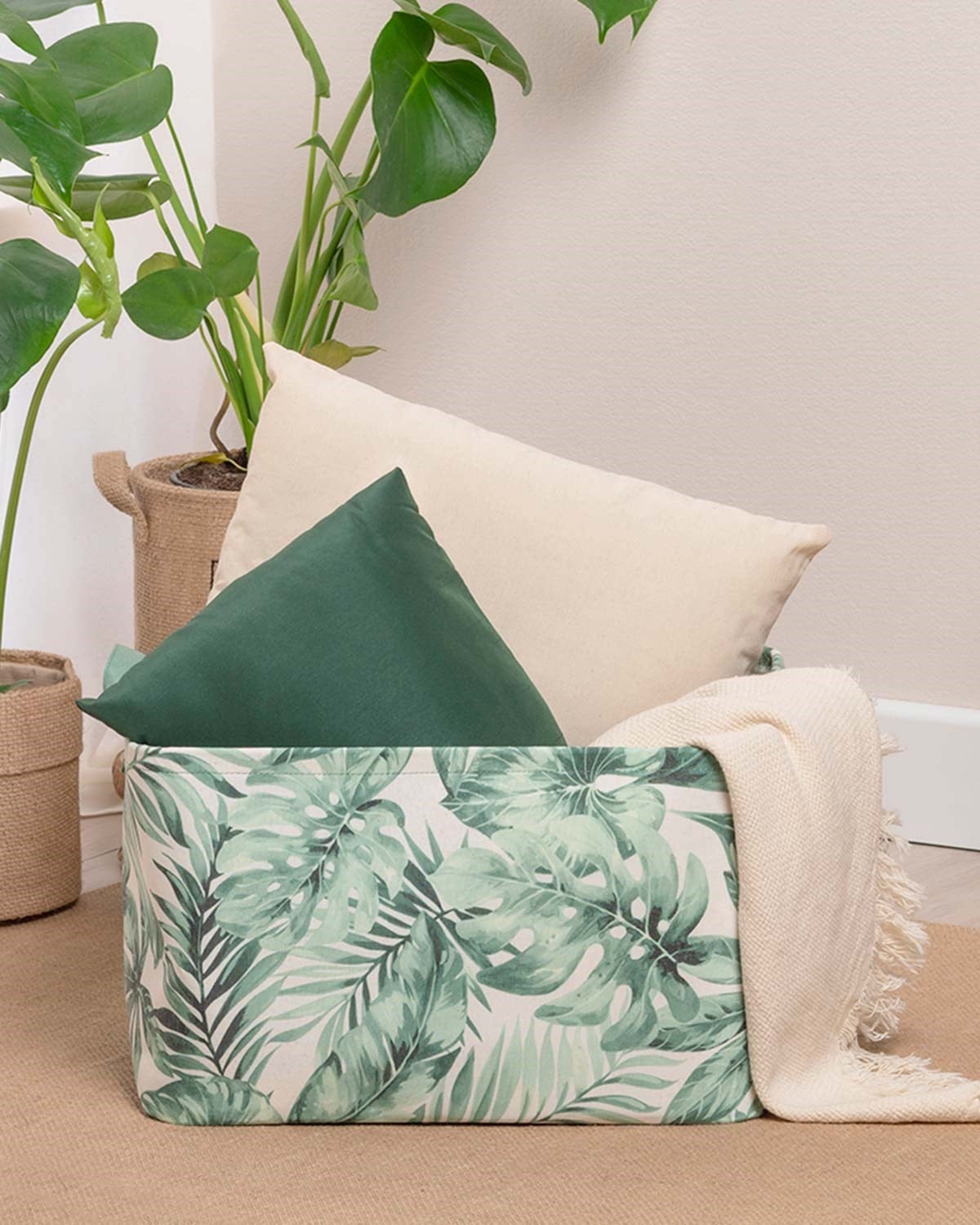 OCEAN HOME Yeşil Yaprak Desenli Sepet // 42x31x25