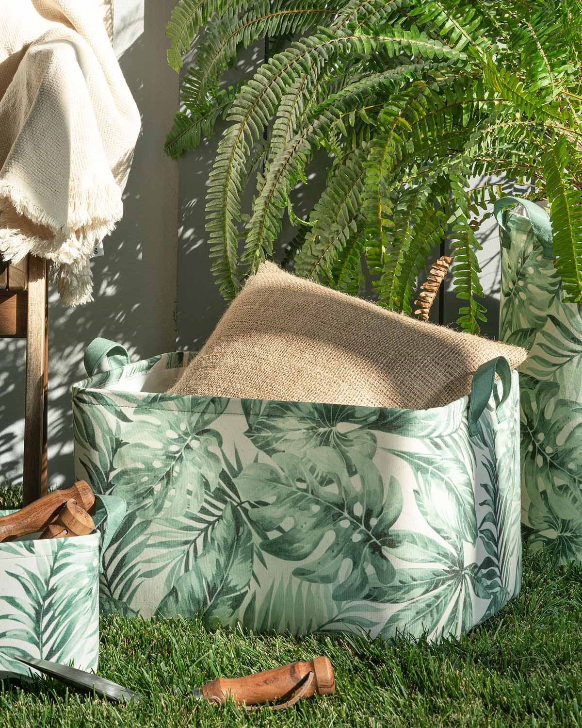 OCEAN HOME Yeşil Yaprak Desenli Sepet // 42x31x25
