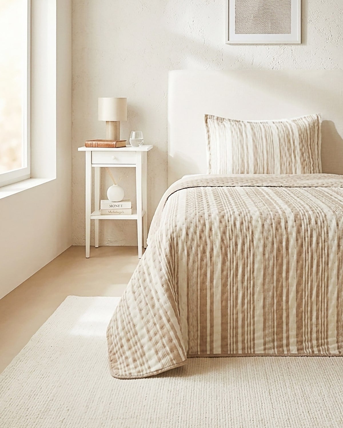 Pamuklu Kapitoneli Bej Renk Çizgi Desen Tek Kişilik Yatak Örtüsü Seti 1 Adet 180 x 230 / 1 Adet 50 x 70 cm